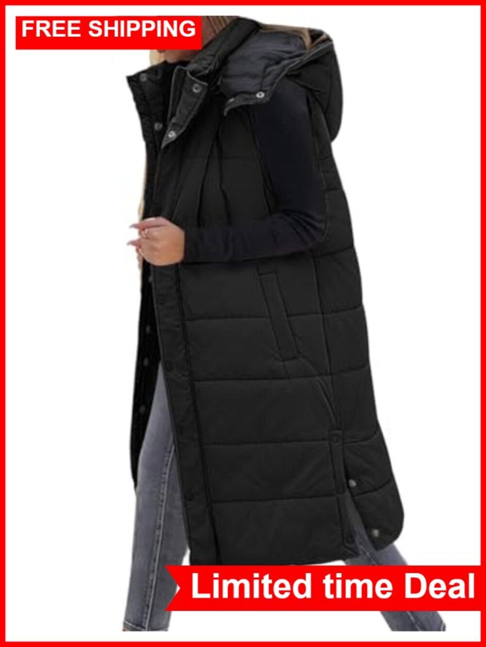Women Long Puffer Vest Quilted Button Down Sleeveless Hooded Zip Knee Length